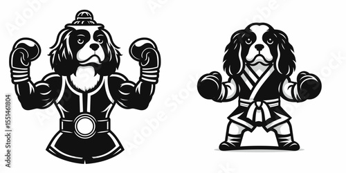 Cavalier King Charles Spaniel Dog in muay thai costume. Boxing Sport Cartoon Animal Clipart Line Art Vector Illustration. Small canine kickboxing outfit a pet martial theme.