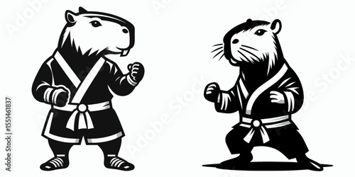 capybara in muay thai costume. Boxing Sport Cartoon Animal Clipart Line Art Vector Illustration. Rodent wearing attire fighting outfit mammal.