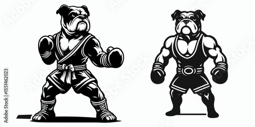 Bulldog Dog in muay thai costume. Boxing Sport Cartoon Animal Clipart Line Art Vector Illustration. Canine breed fighting apparel martial theme image.