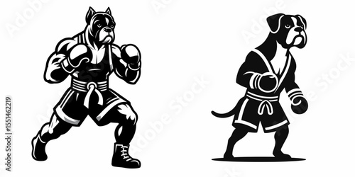 Boxer Dog in muay thai costume. Boxing Sport Cartoon Animal Clipart Line Art Vector Illustration. Canine martial outfit puncher breed with attire.