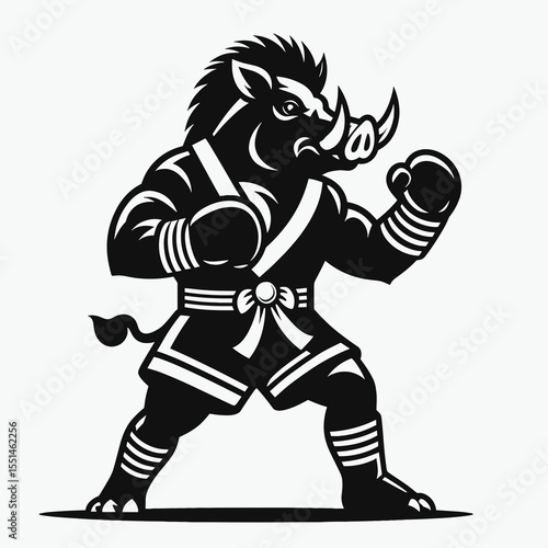 boar in muay thai costume. Boxing Sport Cartoon Animal Clipart Line Art Vector Illustration. Wild pig wearing attire outfit for fighter.
