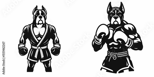 Boxer Dog in muay thai costume. Boxing Sport Cartoon Animal Clipart Line Art Vector Illustration. Canine fighter martial garb a funny pet combat dress.