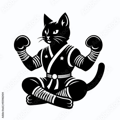 Black Cat in muay thai costume. Boxing Sport Cartoon Animal Clipart Line Art Vector Illustration. Dark feline kickboxing attire fighter animal martial outfit.