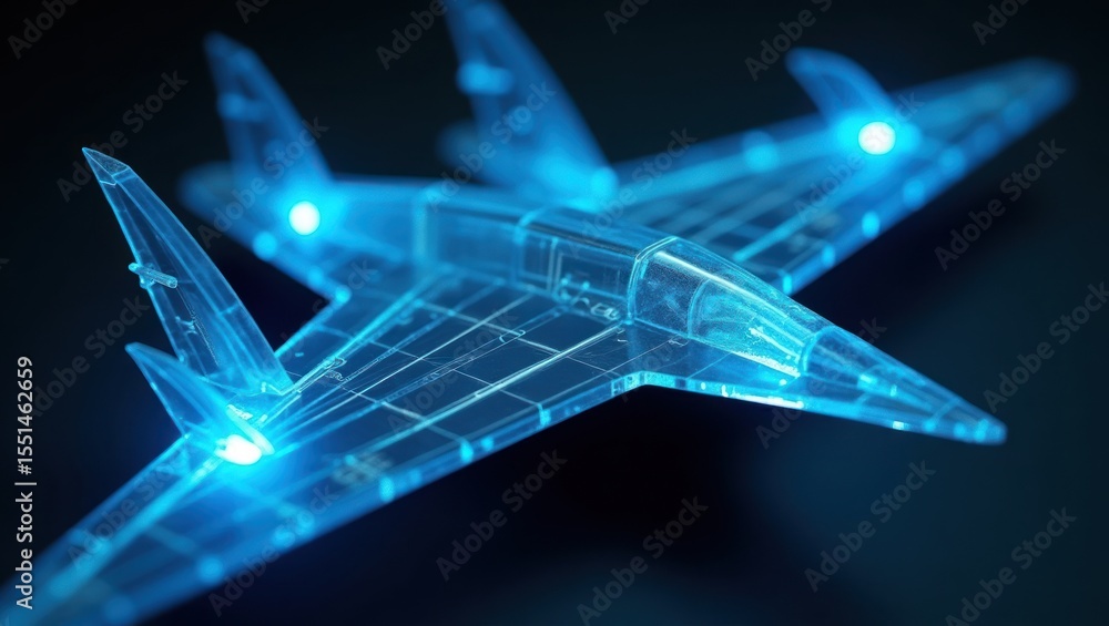 Detailed, glowing, translucent model of an aircraft. Detailed, glowing, translucent model of an aircraft.