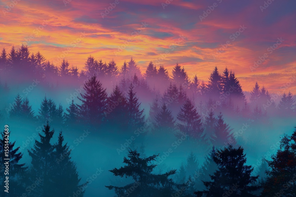 Naklejka premium Misty forest scene with evergreen trees silhouetted against a vibrant colorful sunset sky
