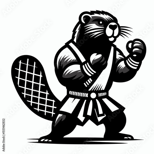 Beaver in muay thai costume. Boxing Sport Cartoon Animal Clipart Line Art Vector Illustration. Rodent wearing attire fighter martial arts outfit.