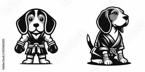 Beagle Dog in muay thai costume. Boxing Sport Cartoon Animal Clipart Line Art Vector Illustration. Canine fighter attire small hound breed wearing gear.