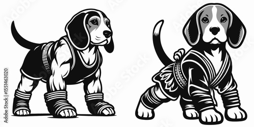 Beagle Dog in muay thai costume. Boxing Sport Cartoon Animal Clipart Line Art Vector Illustration. Canine fighter gear small hound apparel pet clothes.