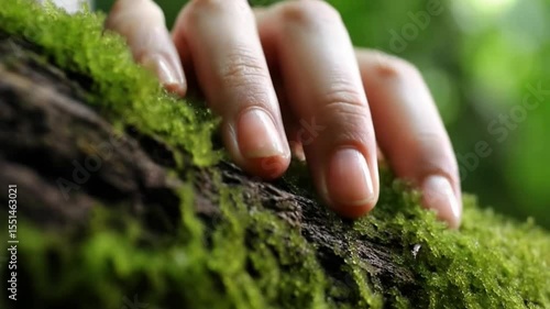 Hand touching green moss on old tree, sensational connection with nature and human, nature lover concept