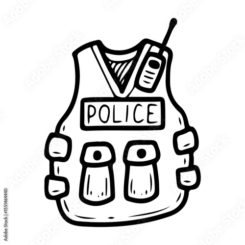 Policeman bulletproof vest. Hand drawn doodle vector. Protection of a law enforcement officer. Armored clothing of special forces. Illustration line art element.