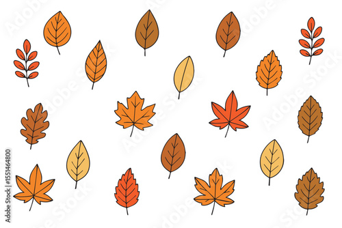 Big set with outlines of bright autumn leaves in doodle style. Concept of forest, leaf fall, nature. Vector illustration, hand drawn. Vector 