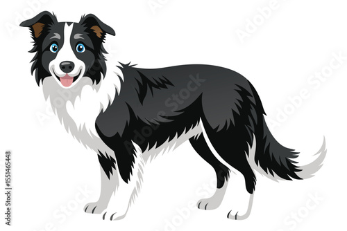 Cartoon Border Collie Dog Illustration with Black and White Fur Markings and Energetic Blue Eyes Standing in a Playful Pose