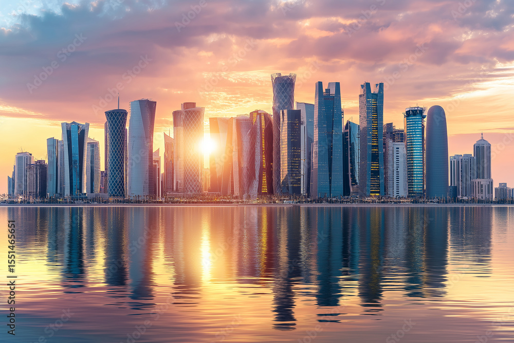 Obraz premium City skyline at sunset with skyscrapers reflecting vivid orange sky, perfect for urban landscape themes