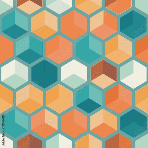 Geometric pattern featuring a honeycomb grid with a retro color scheme in orange,teal,brown and white
