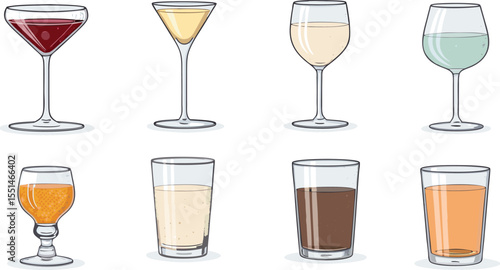 set of juice glasses colorful Flat Icon Set of juice Drink Glass Types on White Background Includes Water Glass, Wine Glass, Tumbler, Highball, Lowball, Coupe.