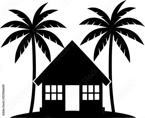 Summer beach hut with coconut palms silhouette vector design