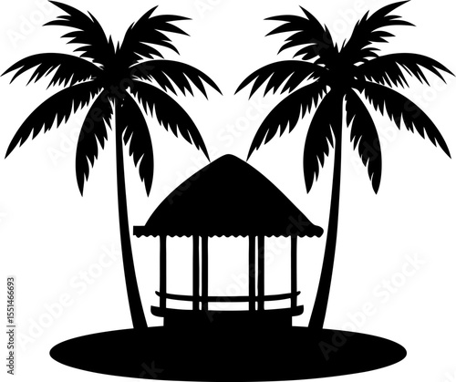 Summer beach hut with coconut palms silhouette vector design