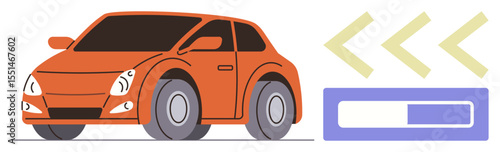 Orange compact car representing mobility next to progress bar and directional chevrons. Ideal for transportation, navigation, technology, progress, journey planning, efficiency, automotive design