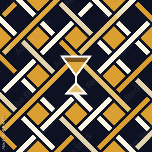 Stylish geometric pattern with martini glass design and gold accents against dark blue background