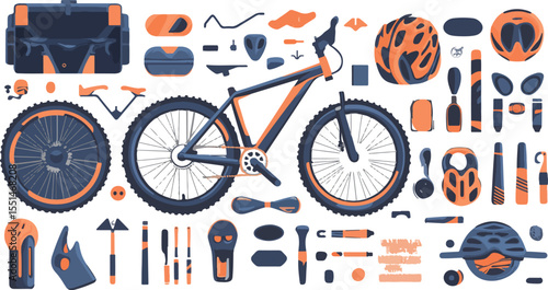Flat Lay Illustration of Bicycle Parts and Accessories on White Background