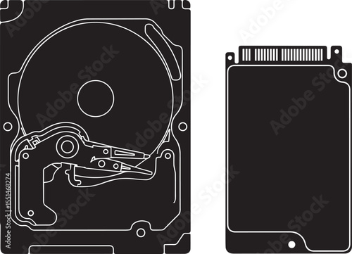 HDD, SSD Vector Silhouette Illustration on Transparent Background