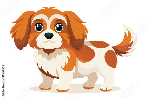 Adorable Cartoon Cavalier King Charles Spaniel with a Sweet Face and Brown and White Coat Standing Still