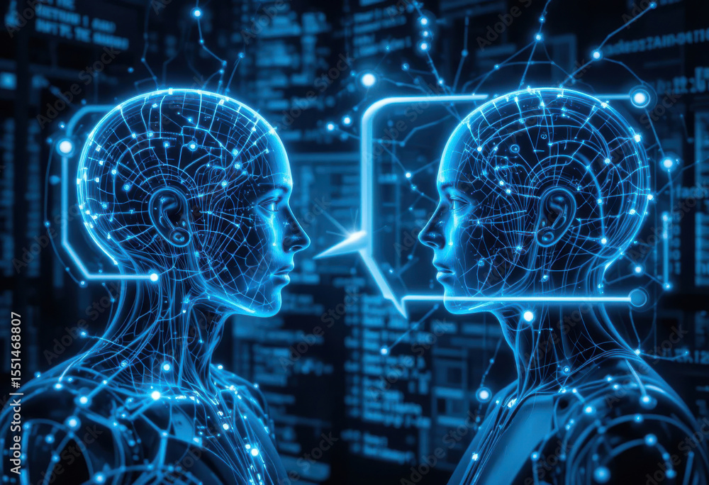 Fototapeta premium Conversación de inteligencia artificial, representada con elegantes y brillantes globos de diálogo sobre un texto de programación informática que se desplaza