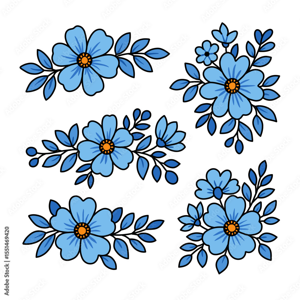 Fototapeta premium Five Unique Blue Floral Arrangements with Orange Centers and Dark Outlines on White