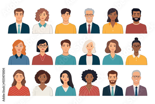 Diverse portraits: A collection of individual portraits. Each person exhibits unique features and embodies a distinct personality in a dynamic composition.