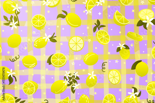 Citrus Lemon fruit patterned background banner with pouring sunlight from upper right corner, on yellow and blue checkered pattern. Scattered lemon and lemon slices with leaves and flowers. Summer BG.
