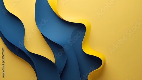 Abstract flowing waves of blue and yellow paper create a modern background design