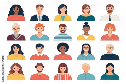 Diverse portraits: A curated collection of diverse individual portraits, each showcasing unique features, expressions, and personal style in a graphic illustration.
