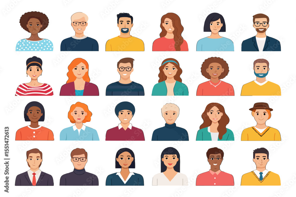 Diverse Faces: A colorful collection of diverse faces, showcasing a variety of hairstyles and expressions in a studio portrait format. Diverse Faces: A colorful collection of diverse faces, showcasing a variety of hairstyles and expressions in a studio portrait format.