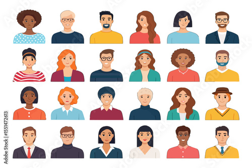 Diverse Faces: A colorful collection of diverse faces, showcasing a variety of hairstyles and expressions in a studio portrait format. 