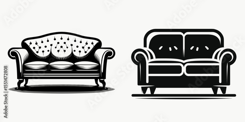 Sofa. Furniture Interior Decoration Cartoon Animal Clipart Line Art Vector Illustration. Comfy couch select an ideal divan for relaxing living room at home.