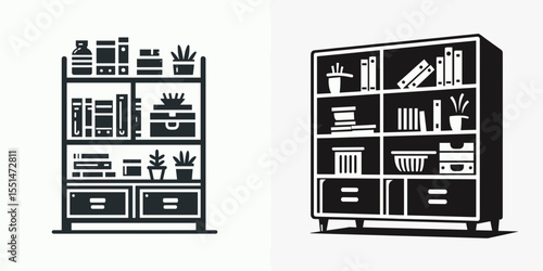 Shelving Unit. Furniture Interior Decoration Cartoon Animal Clipart Line Art Vector Illustration. Storage fixture for organization at home or warehouse displaying items.