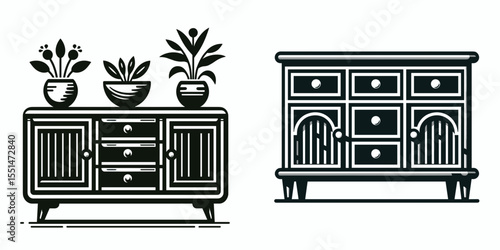 Sideboard. Furniture Interior Decoration Cartoon Animal Clipart Line Art Vector Illustration. Buffet a home furnishing unit for holding dining ware and offering display space.