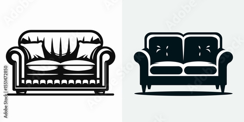 Sofa. Furniture Interior Decoration Cartoon Animal Clipart Line Art Vector Illustration. Couch settee divan home furniture living room seating comfy relaxation piece.