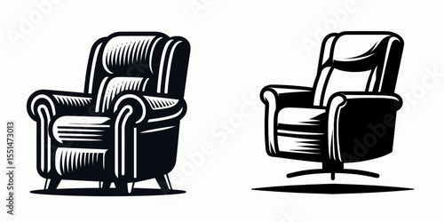 Recliner. Furniture Interior Decoration Cartoon Animal Clipart Line Art Vector Illustration. Comfy armchair for unwinding easy chair relaxing seat home comfort.