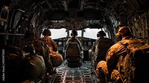 Military Personnel Cockpit Inside Helicopter with Flight Crew