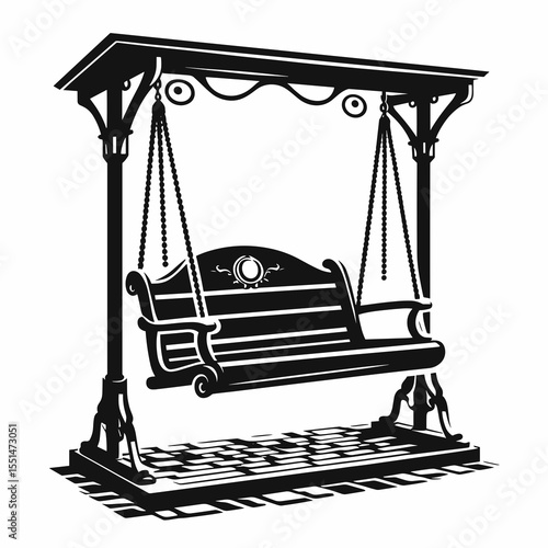 Porch Swing. Furniture Interior Decoration Cartoon Animal Clipart Line Art Vector Illustration. Outdoor bench for veranda relaxing front yard seat hanging patio garden.