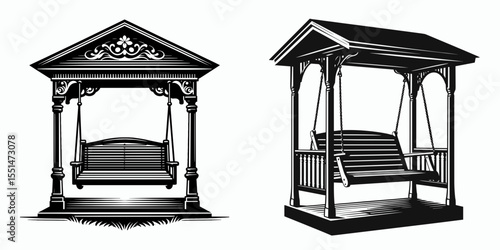 Porch Swing. Furniture Interior Decoration Cartoon Animal Clipart Line Art Vector Illustration. Outdoor seat for resting on a patio veranda relaxation.
