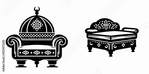 Ottoman. Furniture Interior Decoration Cartoon Animal Clipart Line Art Vector Illustration. Turkish empire history old civilization a prominent realm and heritage.