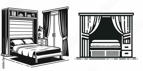 Murphy Bed. Furniture Interior Decoration Cartoon Animal Clipart Line Art Vector Illustration. Space saving wall cot hideaway single room divider sleeping unit option.
