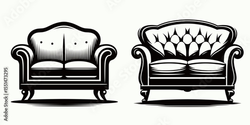 Loveseat. Furniture Interior Decoration Cartoon Animal Clipart Line Art Vector Illustration. Compact sofa for a cozy nook perfect seating and comfy place.