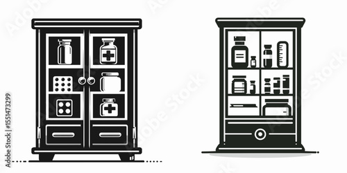 Medicine Cabinet. Furniture Interior Decoration Cartoon Animal Clipart Line Art Vector Illustration. Storage for remedy first aid device and healthcare supply at dwelling.