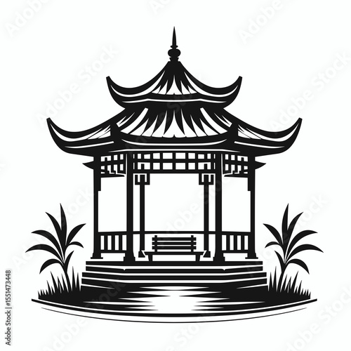 Gazebo. Furniture Interior Decoration Cartoon Animal Clipart Line Art Vector Illustration. Backyard shelter outdoor structure lawn pavilion garden feature.