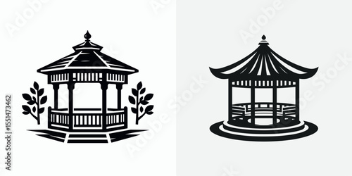 Gazebo. Furniture Interior Decoration Cartoon Animal Clipart Line Art Vector Illustration. Outdoor pavilion structure garden shelter yard fixture landscape feature.