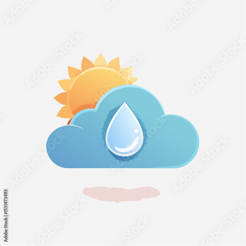 Weather icon with sun peeking behind a cloud with a raindrop in front