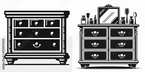 Dresser. Furniture Interior Decoration Cartoon Animal Clipart Line Art Vector Illustration. Bedroom storage chest drawers cabinet home furnishing clothes organizer.